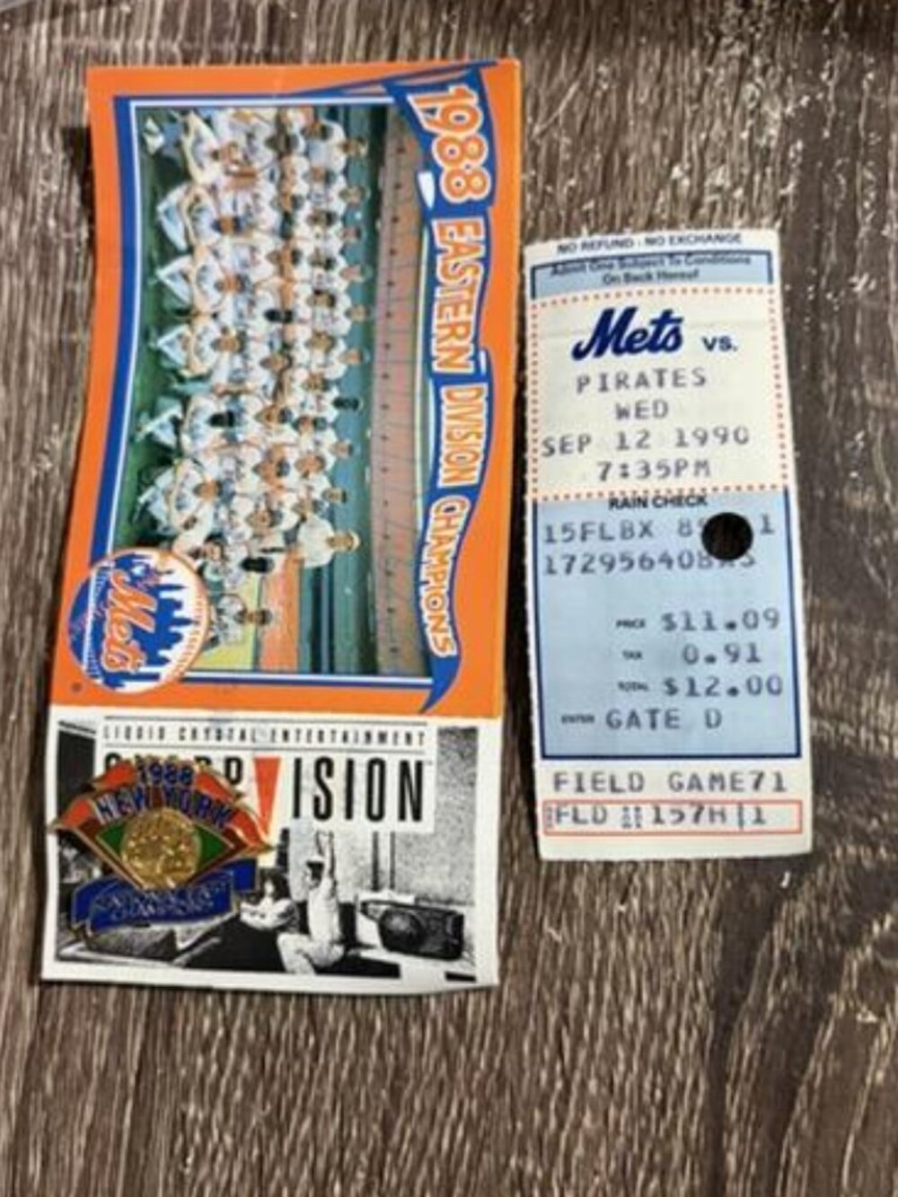 1988 New York Mets Eastern Division Champions Pin & stub from 9/12/90